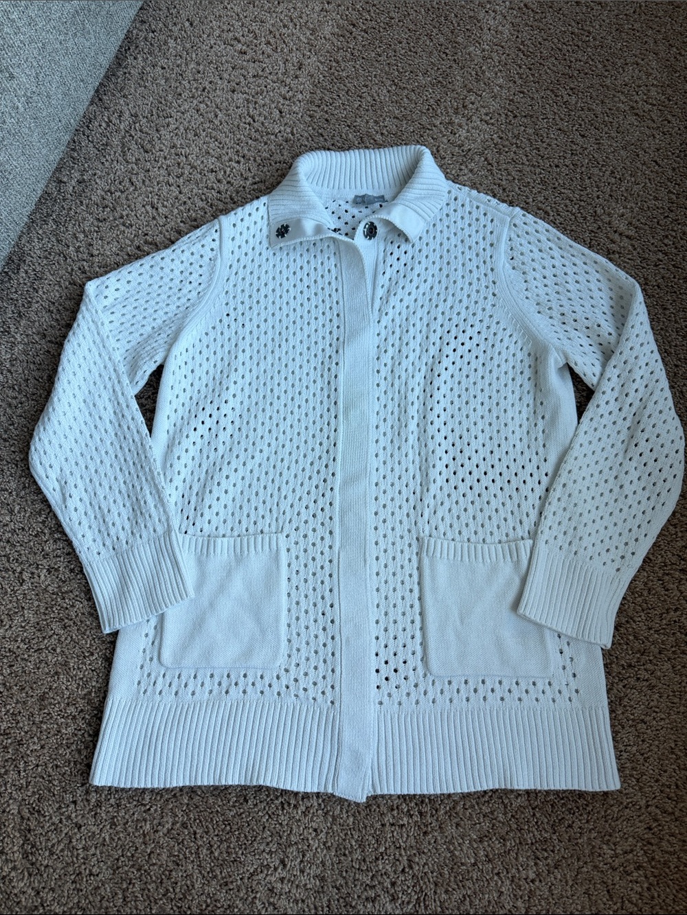 Talbots White Openwork Button-Front Cardigan Size M